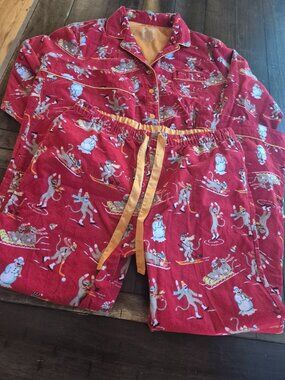 Nick & Nora Red Pajama Set Skiing Sock Monkeys Size M